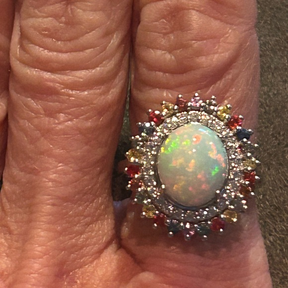 Ethiopian Welo Opal & Multi Gemstone Double Halo Ring Platinum/Sterling Silver - Picture 4 of 10